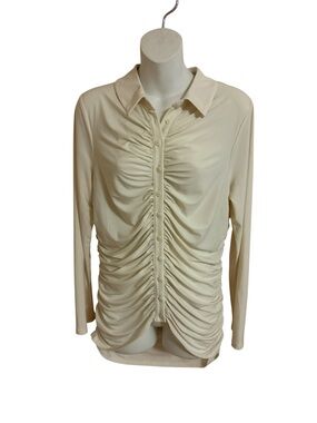 Express Cream Ruched Button-Front Long Sleeve Shirt